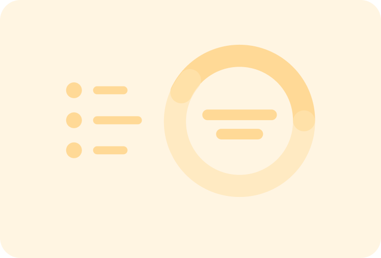 Tarjeta con íconos naranjas simplificados que representan una lista y un gráfico circular sobre fondo beige.