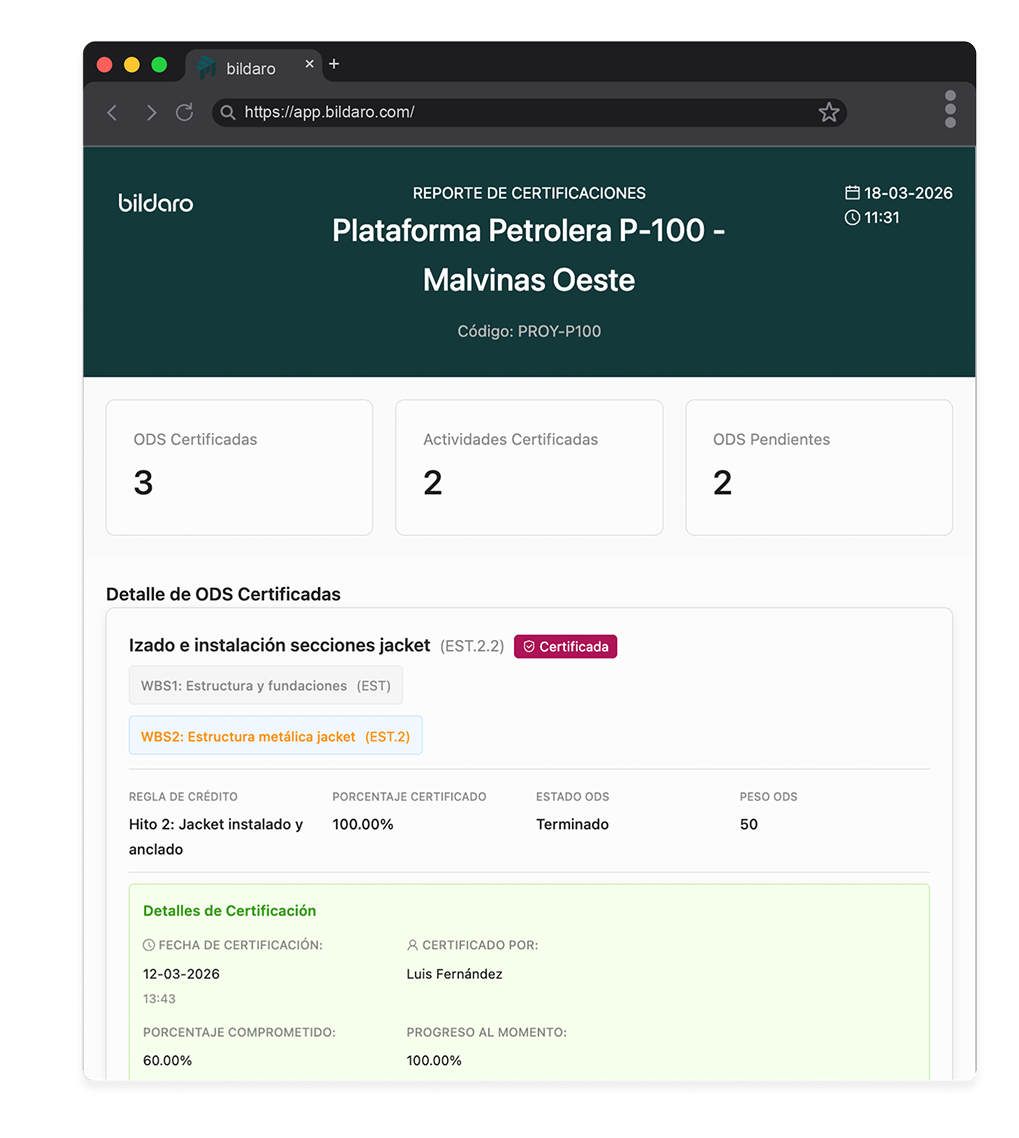 Reporte de certificaciones de Plataforma Petrolera P-100 Malvinas Oeste con fecha 18-03-2026 y hora 11:31, mostrando 3 ODS certificadas, 2 actividades certificadas y 2 ODS pendientes.