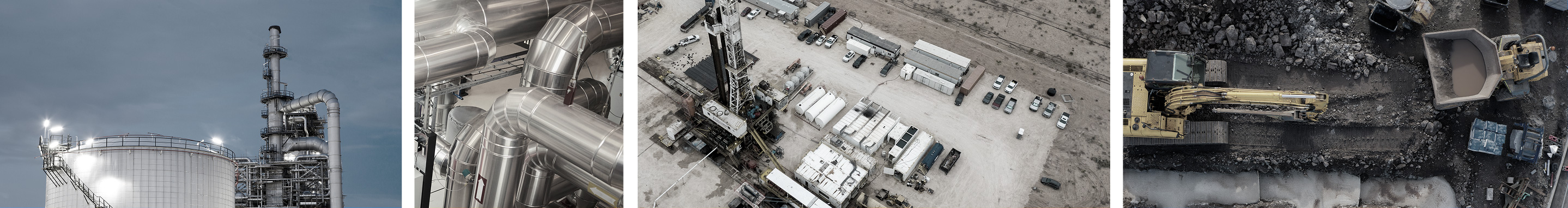 Cuatro imágenes mostrando instalaciones industriales y maquinaria pesada: tanque y torre de planta, tuberías metálicas, vista aérea de un sitio de perforación con vehículos, y excavadora cargando tierra.