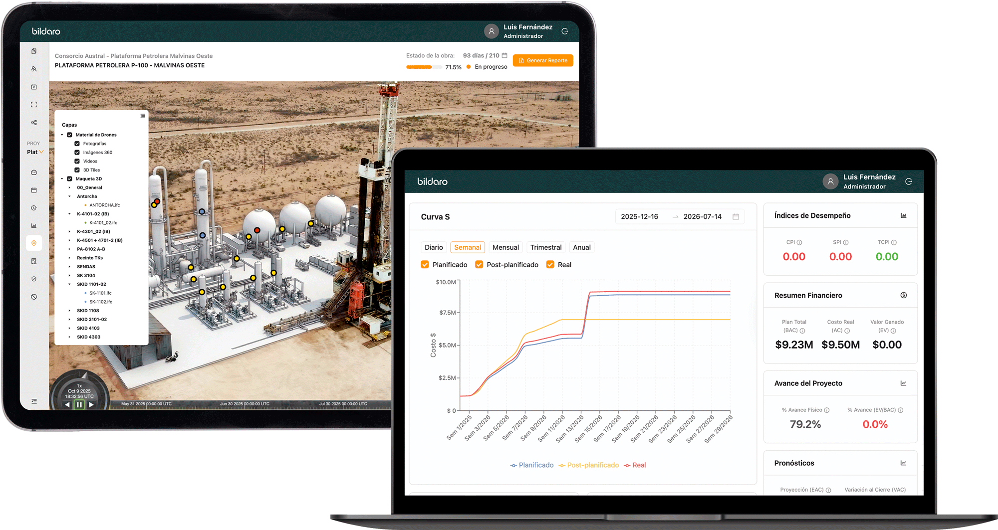 Vista general de una planta industrial en una pantalla con menú de capas y control de drones, al lado otra pantalla muestra gráficos de desviación presupuestaria y certificación de unidades.