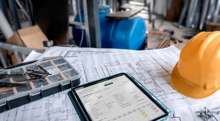Plano arquitectónico sobre una mesa con un casco amarillo, una caja de herramientas y una tableta mostrando datos técnicos.